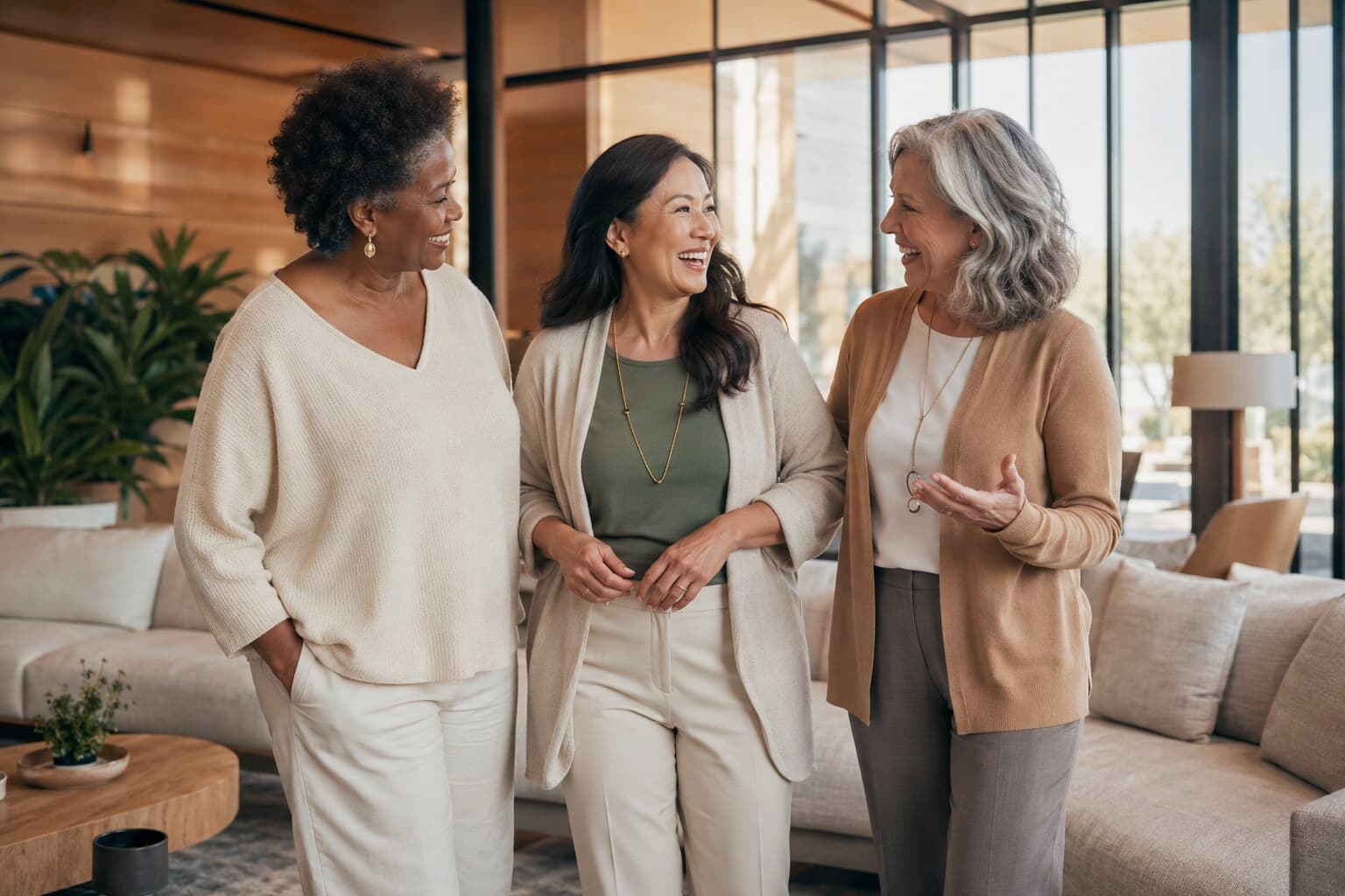 Three multicultural mature women sharing a warm, confident moment