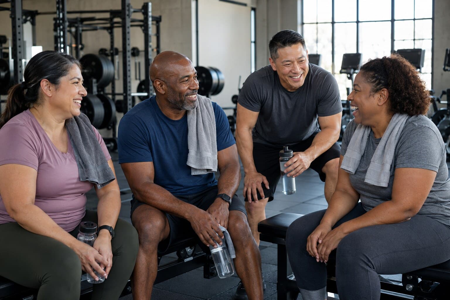 A multicultural group of adults relaxing together after a gym workout