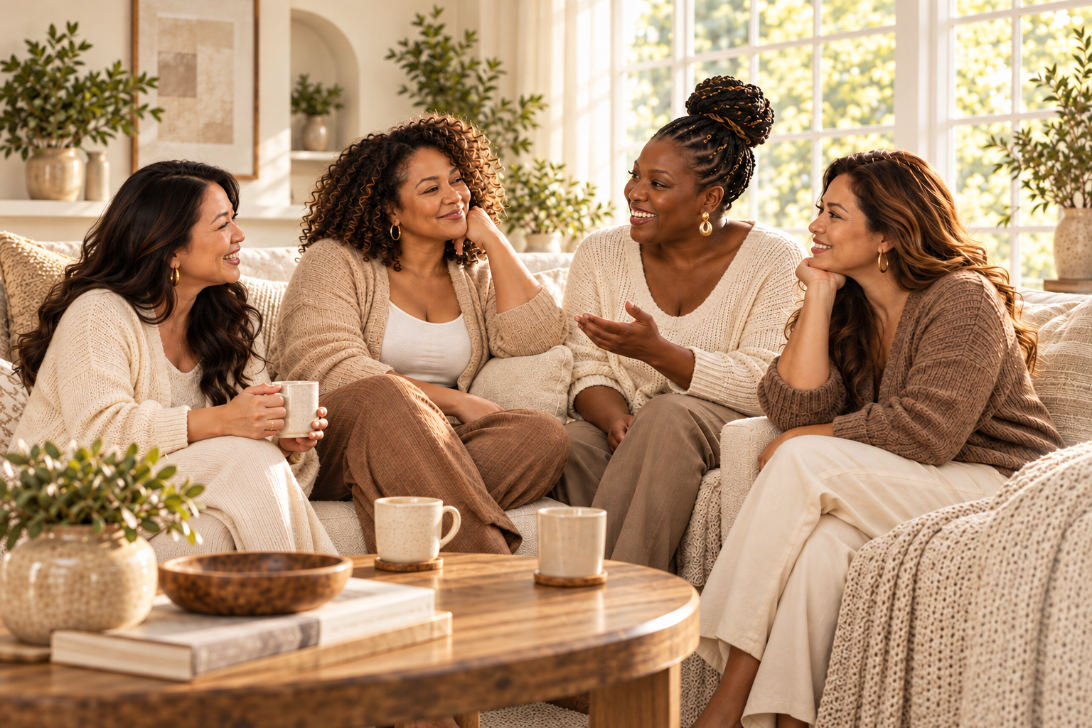 Four multicultural women sharing a warm conversation